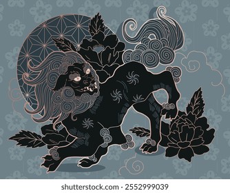 Karajishi aka Foo Dog Tattoo, japanese mythological illustration, tattoo design, fantasy, japanese mythology