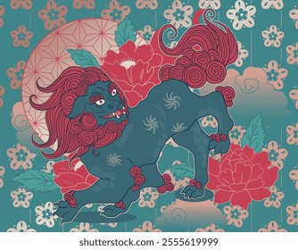 Karajishi aka Foo Dog Tattoo, japanese mythological illustration, tattoo design, fantasy, japanese mythology