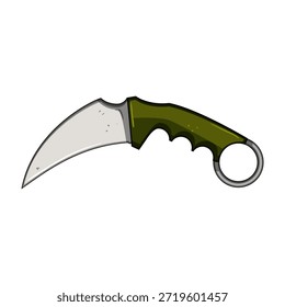 Karambit knife drawing featuring a curved blade and green handle with a finger ring, symbolizing stealth, self defense, and tactical gaming concepts on a white background