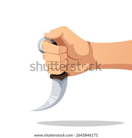 Karambit knife in hand. Hand hold karambit knife isolated on white background.
