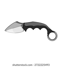 Ilustración del cuchillo de Karambit que muestra una hoja aguda y curva con mango táctico y anillo de dedo en estilo de dibujos animados limpios sobre un fondo liso, que simboliza el combate, la defensa personal, el peligro
