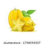 Karambola (star fruit) with slices and leaves on a white background. Realistic vector illustration, 3d