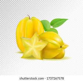 Karambola (star fruit) with slices and leaves on a transparent background. Realistic vector illustration, 3d