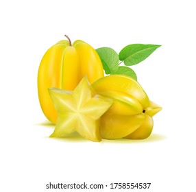 Karambola (star fruit) with slices and leaves on a white background. Realistic vector illustration, 3d