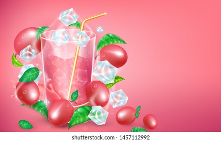 Karanda juice with Karanda and ice floating in the air and leaf. Vector illustration.