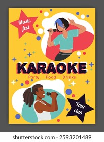 Karaoke banner. People hold microphone, singing women. Happy singers with mic. Entertainment show invitation. Nightclub vertical advertising poster. Cartoon flat style isolated vector illustration