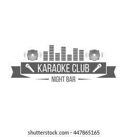 Karaoke banner template. Label with monochrome speakers and microphones for club advertising. Night bar signboard. Vector illustration in modern style.