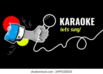 Karaoke banner vector collage art template. Halftone hand with microphone and mouth
