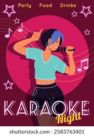 Karaoke banner. Young girl hold microphone and singing, nightclub party invitation design. Entertainment show poster. Performance musical. Contemporary flyer. Vector cartoon flat isolated illustration