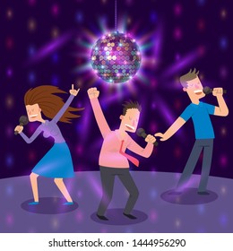 Karaoke bar banner, poster vector illustration. People singing and dancing in karaoke. Women and men having fun, performing with microphone. Singer star. Shining disco ball.