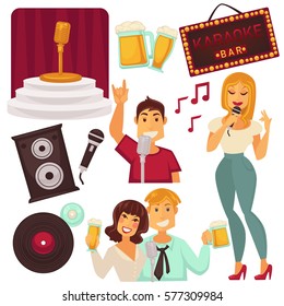 Karaoke bar elements set with singing people. Entertainment in place with microphone on stage, music column, round record and beer signs and smiling boys and girls. Karaoke amusement poster.