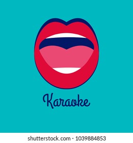 Karaoke bar. Female open mouth, singer singing song, show, conert in nigh tclub, poster element. Vector illustration