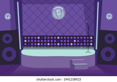 Karaoke bar interior. Empty stage, lights and microphone. Nightclub or dance, comedy stand up club vector illustration