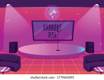 Karaoke bar interior with stage for music performance and furniture, flat vector illustration. Nightclub background for karaoke events and entertainment show.