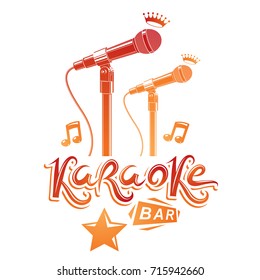 Karaoke bar lettering composed with stage microphone and musical notes, vector illustration. Karaoke bar advertising flyer.