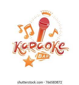 Karaoke bar lettering, conceptual emblem composed using microphone multimedia audio equipment and musical notes. Live music concert theme.