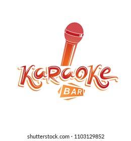 Karaoke bar lettering, vector microphone emblem. Leisure and relaxation lifestyle presentation
