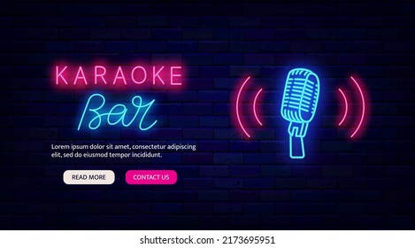 Karaoke Bar Neon Flyer Template. Blue Microphone Icon. Talent Show. Light Advertising On Brick Wall. Label For Music Show. Outer Glowing Effect. Editable Stroke. Vector Stock Illustration