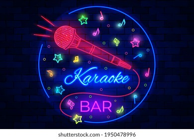 Karaoke bar neon illuminated logo with microphone