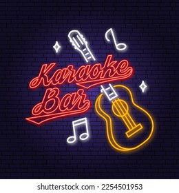 Karaoke bar neon poster, banner. Neon sign, emblem, bright signboard, light banner with retro classical acoustic guitar. Vector illustration. Advertising bright night karaoke bar for night club