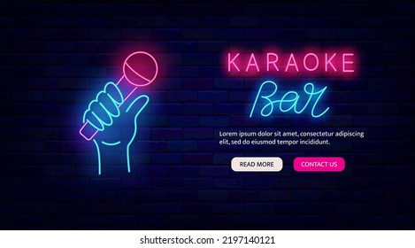 Karaoke bar neon promotion. Microphone in hand icon. Website landing page template. Talent show. Light flyer. Night club logotype. Glowing effect banner. Editable stroke. Vector stock illustration