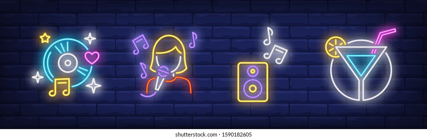 Karaoke Bar Neon Signs Set. Music, Woman Singing With Microphone, Cocktail. Vector Illustration In Neon Style, Bright Banner For Topics Like Party, Club, Entertainment