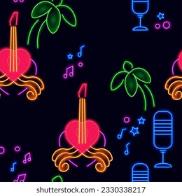 Karaoke bar neon signs and symbols, isolated musical instruments and palm tree, old vintage microphone. Entertainment at night. Seamless pattern, wallpaper background or print. Vector in flat style