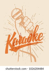 Karaoke Bar Poster. Hand Holding Microphone Vector