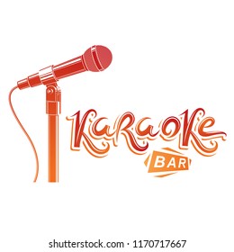Karaoke bar writing, stage microphone equipment. Nightclub invitation emblem.