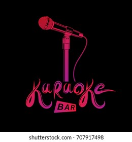 Karaoke bar writing, stage microphone equipment. Nightclub invitation emblem.