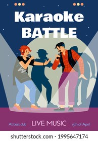 Karaoke battle event advertising poster template with singing people taking part in vocal competition, flat vector illustration on blue background. Karaoke club banner.