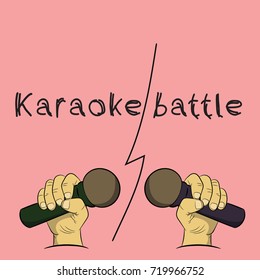 Karaoke battle. Two hands holding microphones. Vector stock illustration