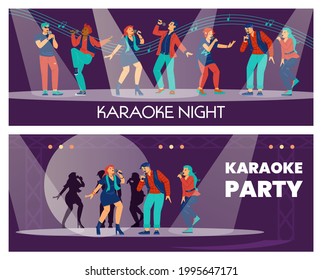 Karaoke club advertising posters set with cartoon characters of singing people taking part in vocal competition, flat vector illustration on purple background.