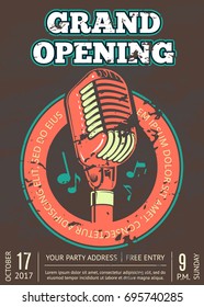 Karaoke club, bar, audio record studio poster with music logo with microphone