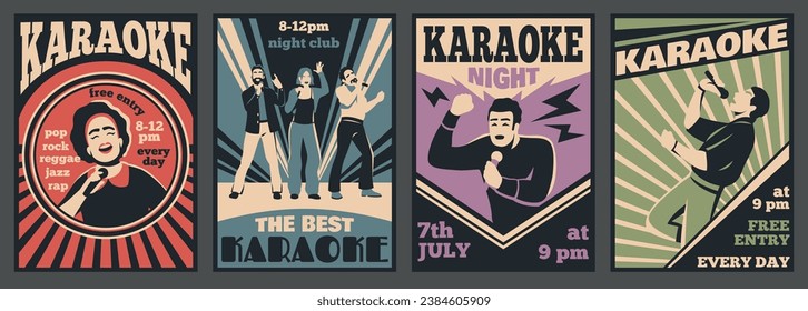 Karaoke club cards. Retro design, invitation promo poster, talents singers bar, vocal music party, guys and girls with microphones, vintage cartoon flat style isolated tidy vector set