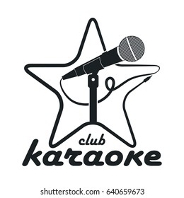 Karaoke club. Design logo with microphone on stand and star. Vector template for emblem.