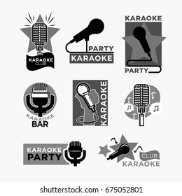 Karaoke club disco party labels templates of vector music microphone and stars