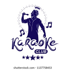 Karaoke club flyers vector cover design created using musical notes, stars and soloist singing to microphone. Emcee show advertising poster