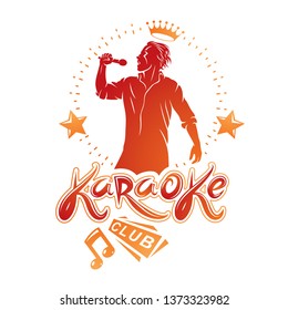 Karaoke club flyers vector cover design created using musical notes, stars and soloist singing to microphone. Emcee show advertising poster