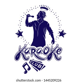 Karaoke club flyers vector cover design created using musical notes, stars and soloist singing to microphone. Emcee show advertising poster