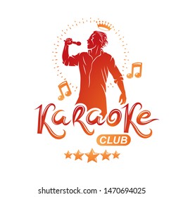 Karaoke club flyers vector cover design created using musical notes, stars and soloist singing to microphone. Emcee show advertising poster