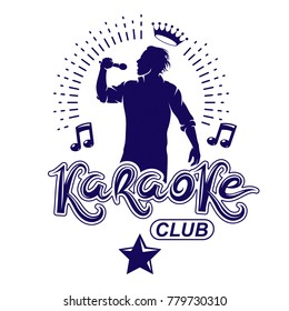 Karaoke club flyers vector cover design created using musical notes, stars and soloist singing to microphone. Emcee show advertising poster