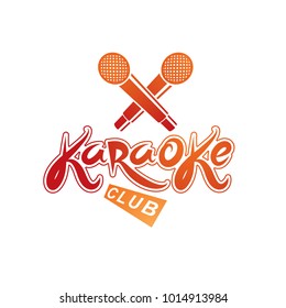 Karaoke club inscription, nightlife entertainment conceptual vector emblem created using recorder microphone audio device.