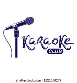 Karaoke club inscription, nightlife entertainment conceptual vector emblem created using recorder microphone audio device.