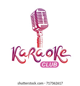 Karaoke club inscription, nightlife entertainment conceptual vector emblem created using recorder microphone audio device.