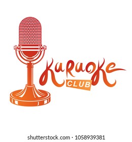 Karaoke club lettering, nightclub party invitation vector emblem created using stage microphone audio equipment.  