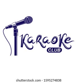 Karaoke club lettering, nightclub party invitation vector emblem created using stage microphone audio equipment.  