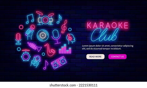 Promoción del neón en el Karaoke Club. Cartel del festival de música. Plantilla de página de inicio del sitio web. Diseño de círculo con iconos musicales. Tarjeta de saludo brillante. Publicidad ligera. Ilustración de material vectorial