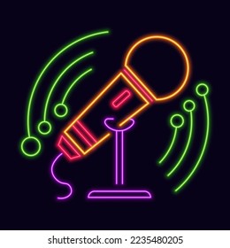 Karaoke club or night club neon logo for entertainment and rest. Isolated glowing microphone with tunes and melodies. Lifestyle in city. Label or sticker, logotype or sign. Vector in flat style