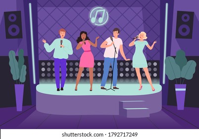 Karaoke club. Performance concert adult people group of singers on music stage vector nightclub background illustrations